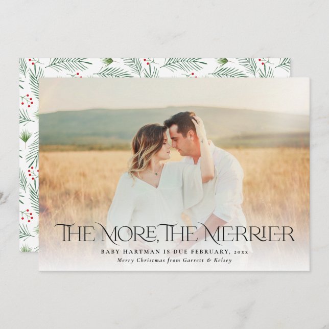 More Merrier Announce Pregnancy Christmas Photo Holiday Card (Front/Back)