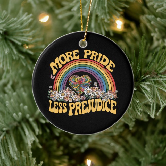 More Pride Less Prejudice Retro Rainbow Pride LGBT Ceramic Ornament (Tree)