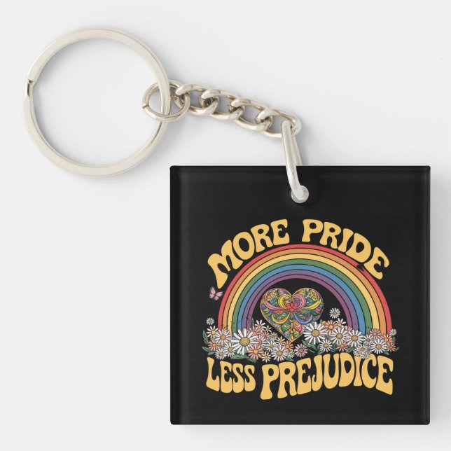 More Pride Less Prejudice Retro Rainbow Pride LGBT Key Ring (Front)