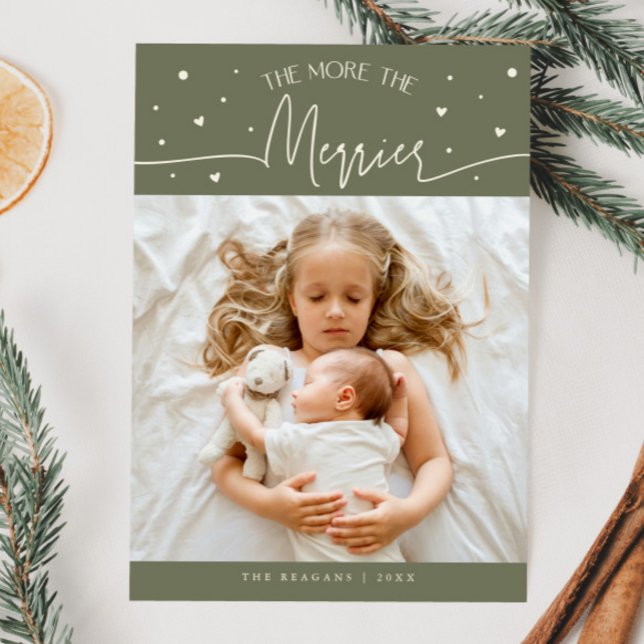 More The Merrier Christmas Sage Green Photo Birth  Announcement (Creator Uploaded)
