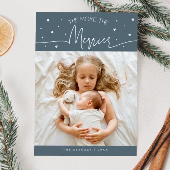 More The Merrier Christmas Slate Blue Photo Birth  Announcement (Creator Uploaded)