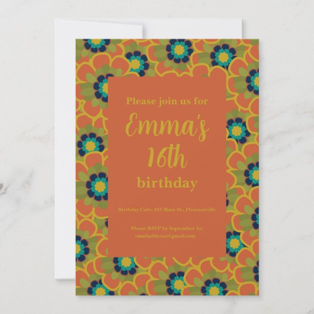 Morelia Retro Flowers Floral Pattern Burnt Orange Invitation (Front)