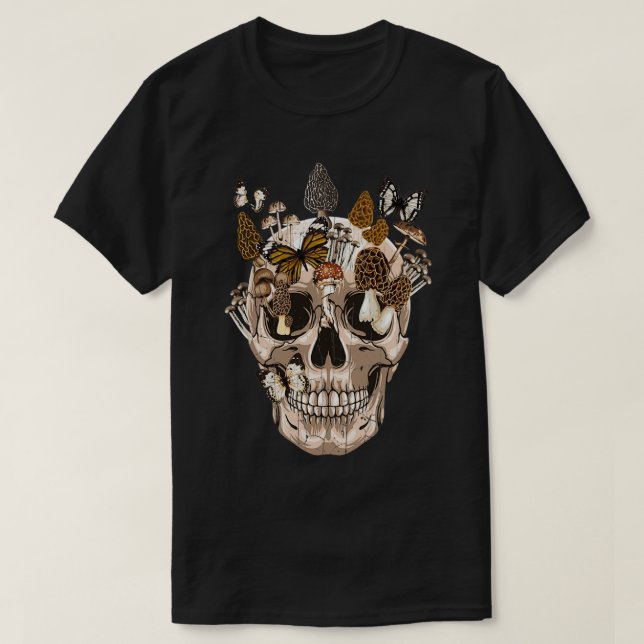 Morels Mushroom Clothing Mushroom Collector Skull T-Shirt (Design Front)