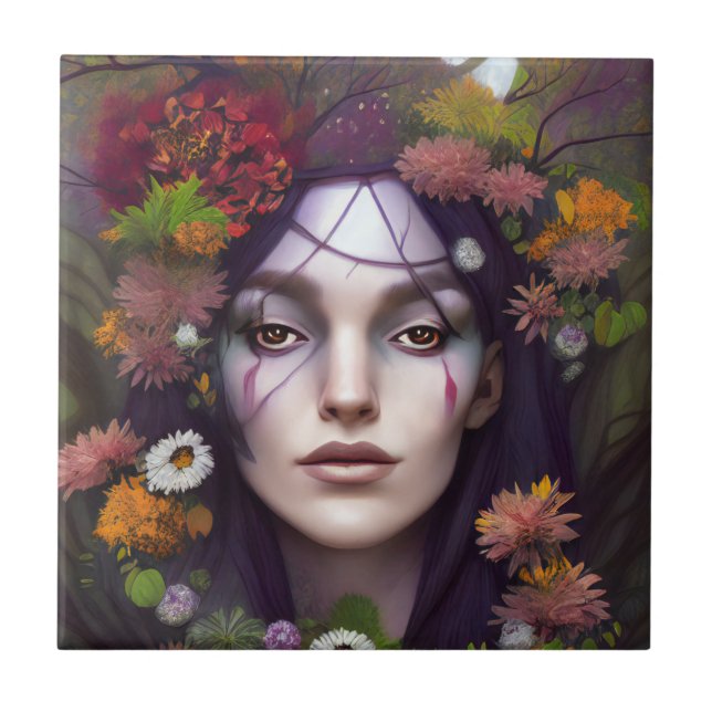 Morgaine Redwood, Autumn Witch, Fantasy Art Ceramic Tile (Front)