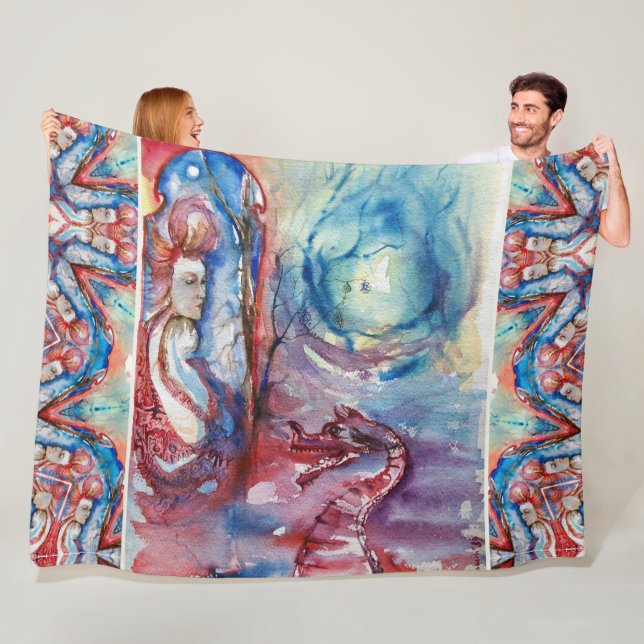 MORGANA Enchantress and Dragon ,Pink Blue Fantasy Fleece Blanket (In Situ)