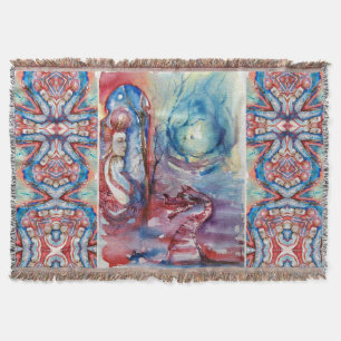 MORGANA Enchantress and Dragon ,Pink Blue Fantasy Throw Blanket