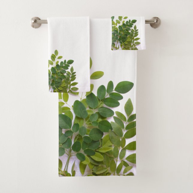 Moringa leaves with text space bath towel set (Insitu)