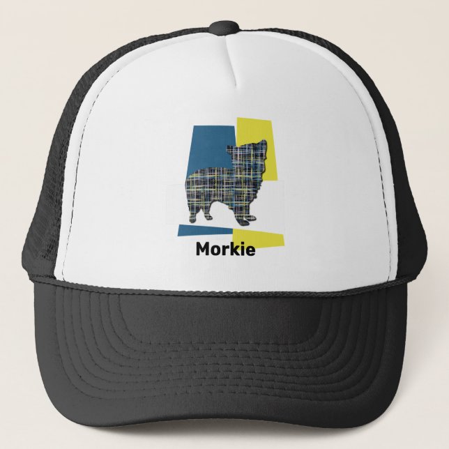 Morkie Dog Cute Silhouette Tricolour Grid Trucker Hat (Front)