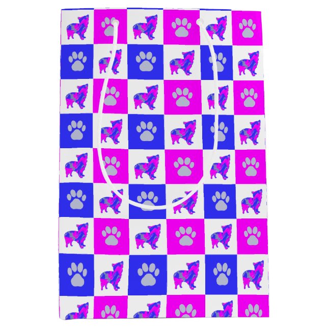 Morkie Dog & Paw Crazy Hot Pink & Blue Medium Gift Bag (Front)