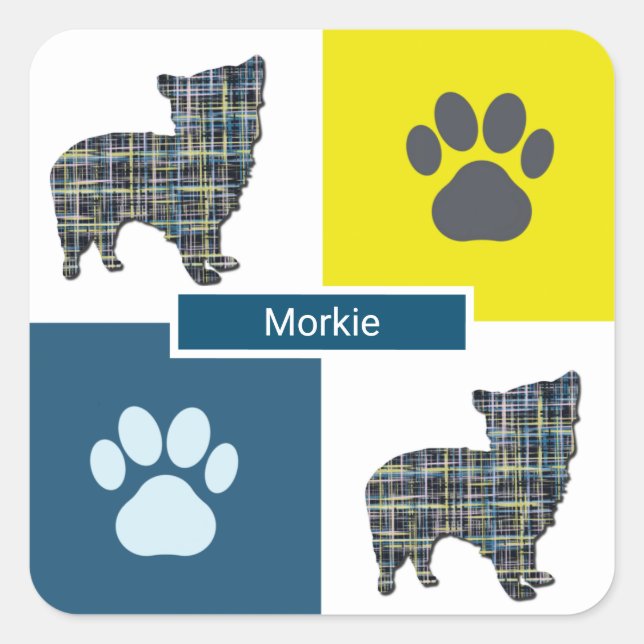 Morkie Dog & Paw Y&B Grid Square Sticker (Front)