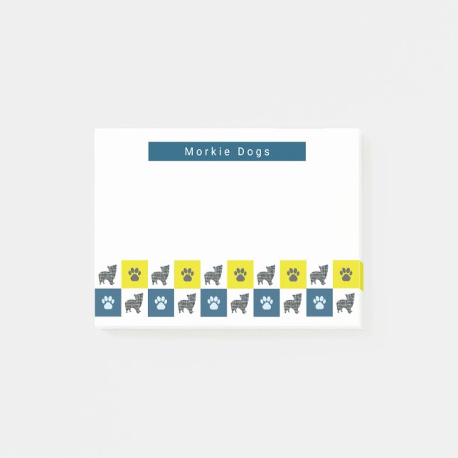 Morkie Dog & Paw Yellow & Blue Grid Lines Post-it Notes (Front)