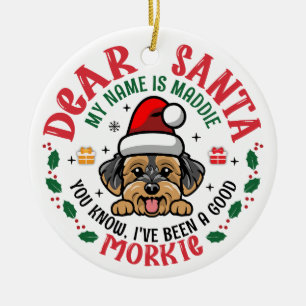 Morkie Dog Santa Christmas Custom Name Ceramic Ornament