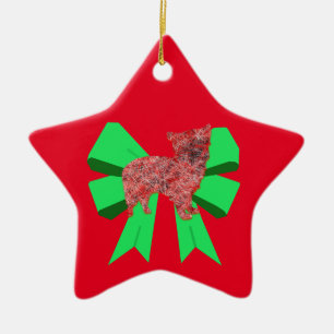 Morkie Dog Silhouette Red & Green Bow Christmas Ceramic Ornament