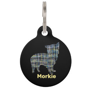 Morkie Dog Yellow & Blue Grid Lines Abstract Pet Tag