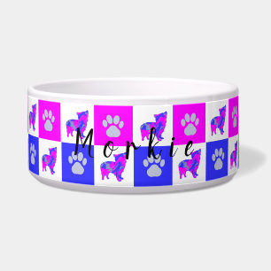 Morkie Terrier Dog & Paw Hot Pink & Blue Pet Bowl