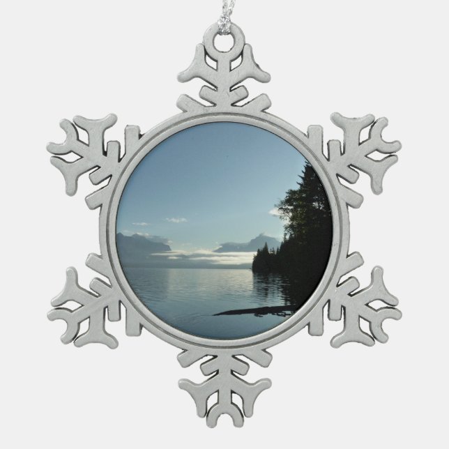 Morning at Lake McDonald in Glacier National Park Snowflake Pewter Christmas Ornament (Front)