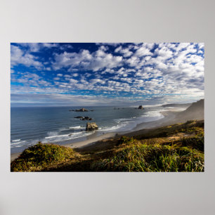 Morning clouds and fog at the beach poster