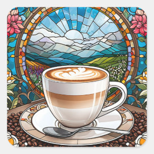 Morning Coffee, Stained Glass Square Sticker