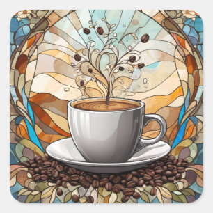 Morning Coffee Stained Glass Square Sticker