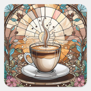 Morning Coffee Stained Glass Square Sticker