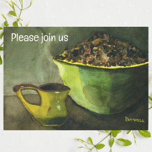 Morning Coffee w/Bowl of Coffee Beans (Watercolor) Invitation