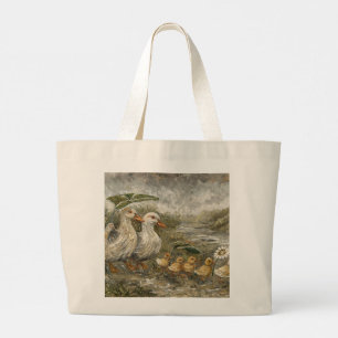 Morning Commute Whimsical Farmhouse Duck Rainy Day Large Tote Bag
