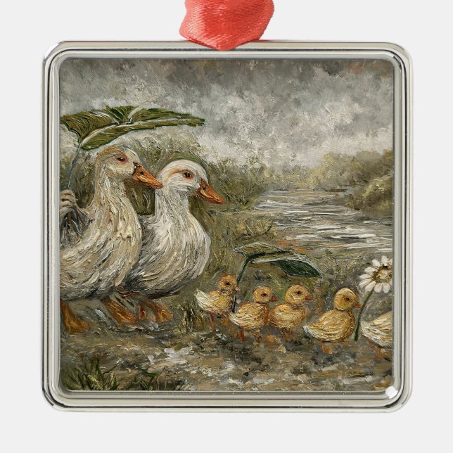 Morning Commute Whimsical Farmhouse Duck Rainy Day Metal Ornament (Front)