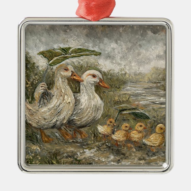 Morning Commute Whimsical Farmhouse Duck Rainy Day Metal Ornament (Front)