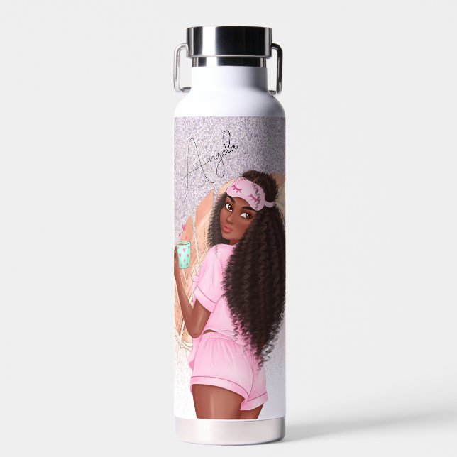 Morning Faux Glitter Girl Black  Curly Hair Water Bottle (Front)