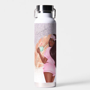 Morning Faux Glitter Girl Black  Water Bottle