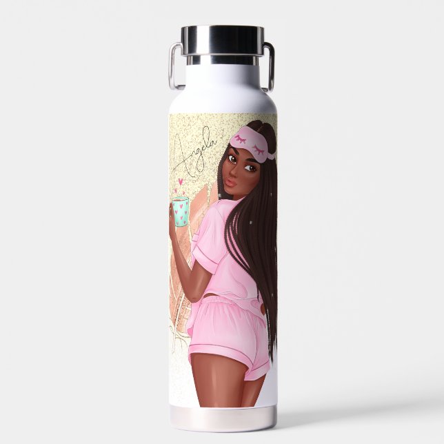 Morning Faux Glitter Girl Black Wavy Hair  Water Bottle (Front)