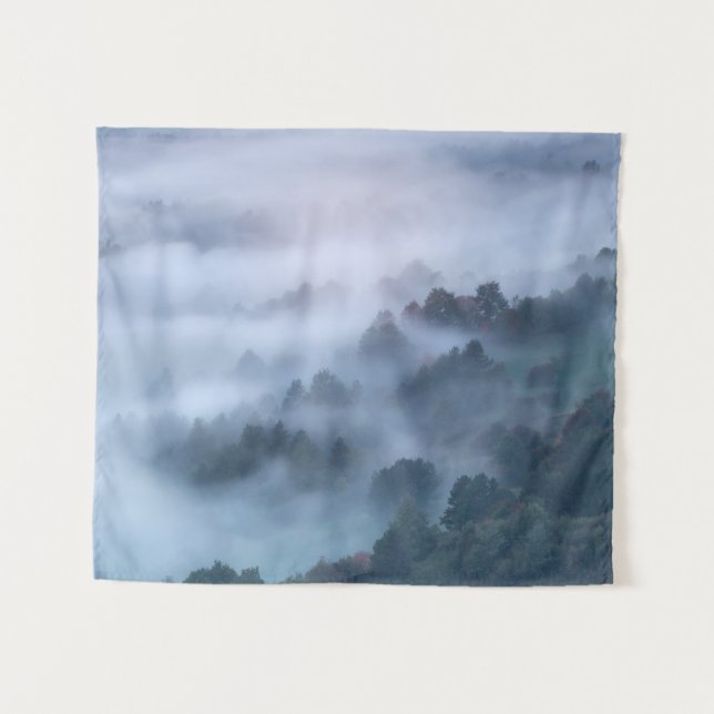 Morning fog rolling through trees tapestry (Front (Horizontal))