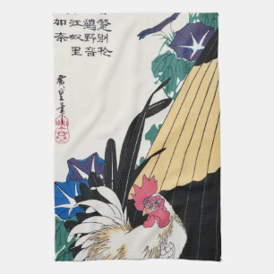 Morning Glories and Japanese Bantam, Hiroshige Tea Towel