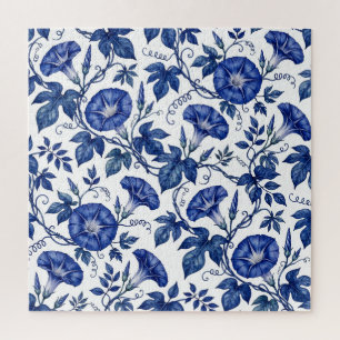 Morning Glories Cobalt Blue White Delft Style Jigsaw Puzzle