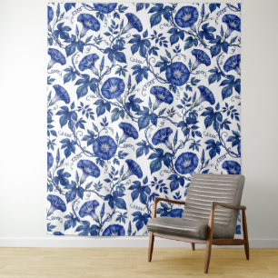 Morning Glories Cobalt Blue White Delft Style Tapestry