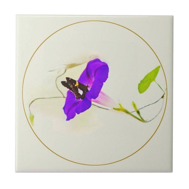 Morning Glory and Butterfly Ceramic Tile (Front)