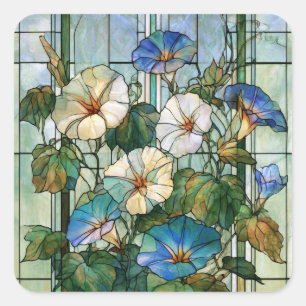 Morning glory and moonflower stained glass square sticker