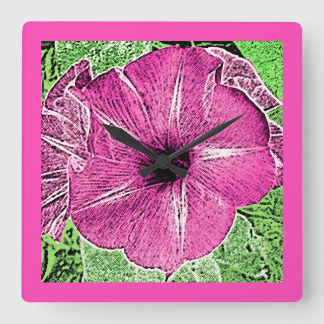 Morning Glory Block Print - fuchsia pink Square Wall Clock (Front)