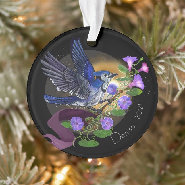 Morning Glory Bluejay Custom Name Ornament (Tree)