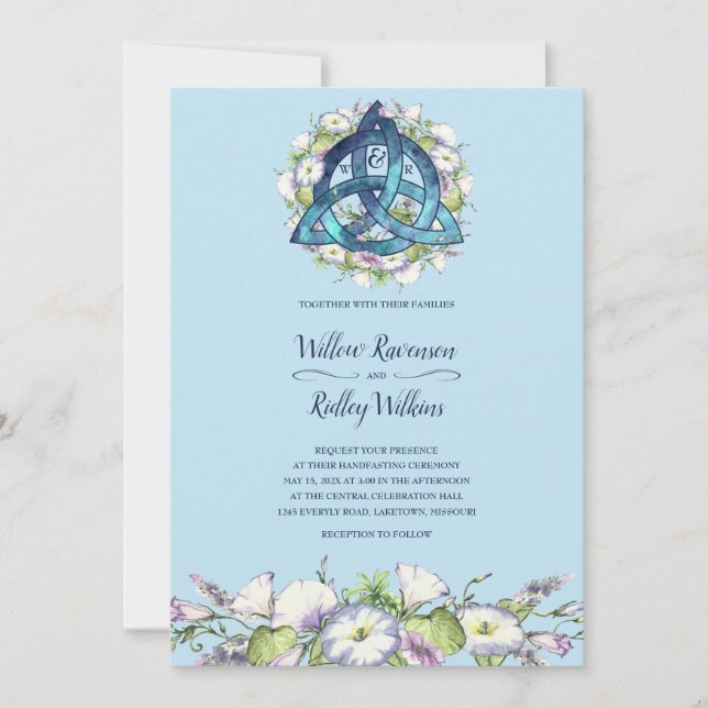 Morning Glory Celtic Blue Triquetra Handfasting Invitation (Front)