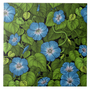 Morning glory in blue and green ceramic tile