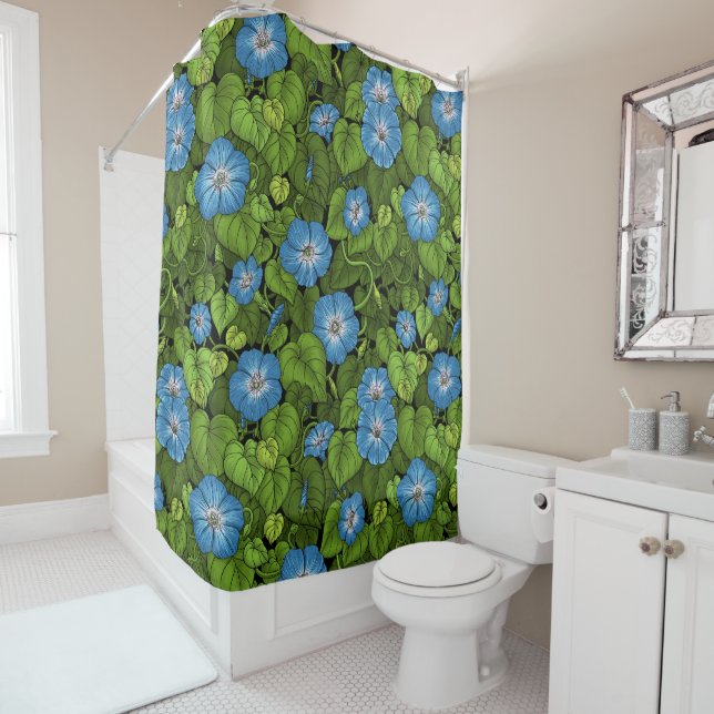 Morning glory in blue and green shower curtain (In Situ)