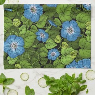 Morning glory in blue and green tea towel