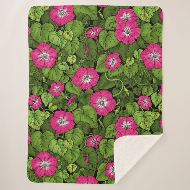 Morning glory in pink and green sherpa blanket (Front)