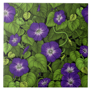 Morning glory in purple and green ceramic tile