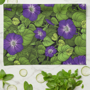 Morning glory in purple and green tea towel