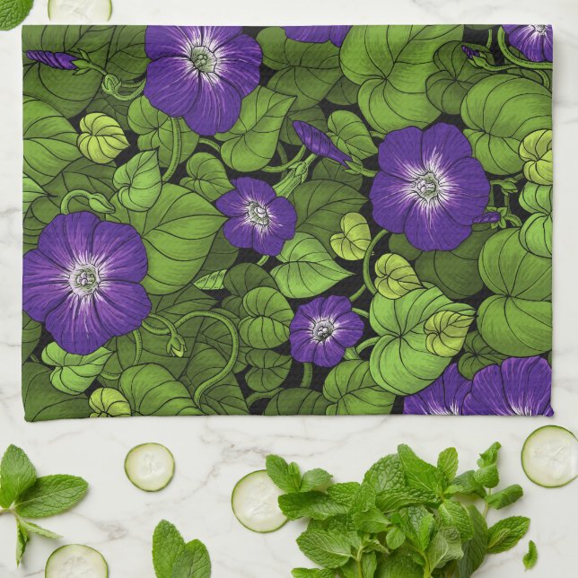 Morning glory in purple and green tea towel (Folded)