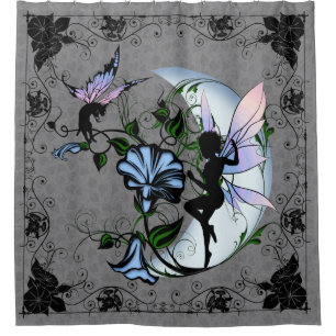 Morning Glory Shadow Fairy and Cosmic Cat Shower Curtain