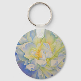 Morning Glow   white peony watercolor painting Key Ring