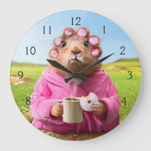 Morning Groundhog with Breakfast Doughnut and Large Clock